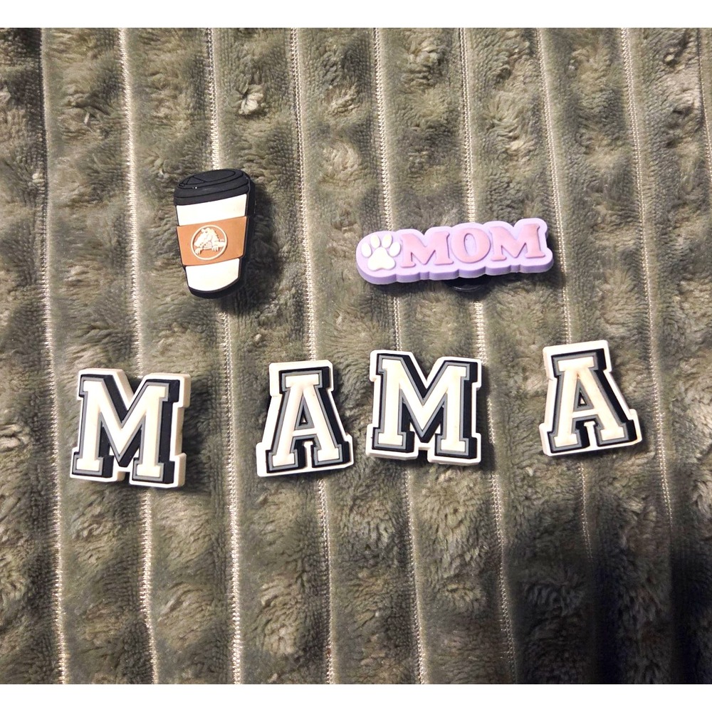 LOT of 6 Jibbitz Mama/Coffee Cup Shoe Charm Set, Multicolor Plastic Letter Theme